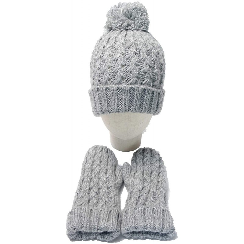 Skullies & Beanies Winter Womens Girls Pom Pom Knit Beanie Hat and fleece Gloves 2P Set - Gray - CK18H33HR7R $16.75