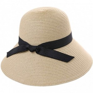 Bucket Hats Packable UPF Straw Sunhat Women Summer Beach Wide Brim Fedora Travel Hat 54-59CM - 00760_beige - CA18TMY87TI $43.18