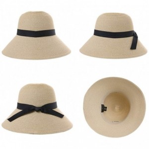 Bucket Hats Packable UPF Straw Sunhat Women Summer Beach Wide Brim Fedora Travel Hat 54-59CM - 00760_beige - CA18TMY87TI $43.18