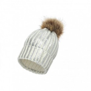 Skullies & Beanies Women Winter Warm Knit Thick Skull Hat Cap Pom Pom Shiny Slouchy Beanie Hats - Cuffed-white-sliver - CK18I...