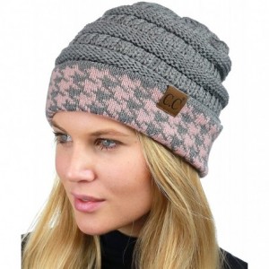Skullies & Beanies Cable Knit Soft Stretch Multicolor Houndstooth Stitch Cuff Skully Beanie Hat - Houndstooth Lt Mel Gray/Ind...