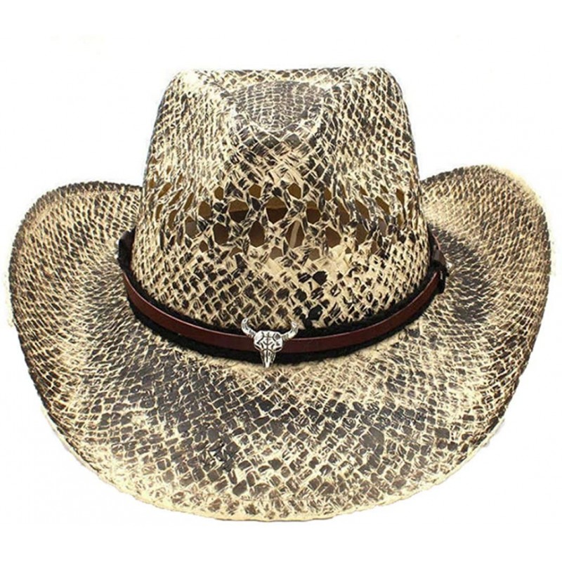 Cowboy Hats Woven Straw Western Cowboy Hat Vintage Wide Brim Outback Sun Hat with Leather Belt - C1 Bcj - C218S5YRCCE $60.08