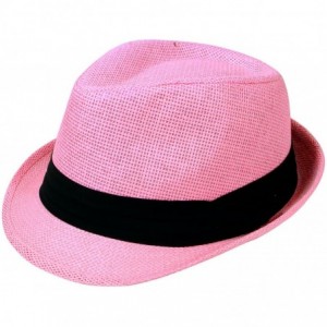 Fedoras Unisex Summer Straw Structured Fedora Hat w/Cloth Band - Light Pink - CS189YSRYT8 $32.49