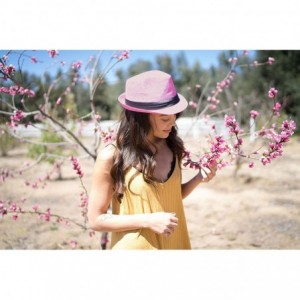 Fedoras Unisex Summer Straw Structured Fedora Hat w/Cloth Band - Light Pink - CS189YSRYT8 $28.38