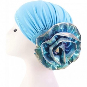 Skullies & Beanies Shiny Turban Hat Headwraps Twist Pleated Hair Wrap Stretch Turban - Lake Blue - CG18Y23YL8M $19.53