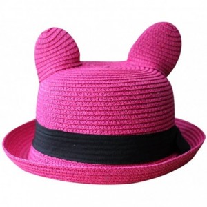 Sun Hats Women's Cute Cat Ear Round Top Bowler Straw Sun UV Summer Beach Roll-up Hat Cap - Rose - CJ12FK8AKOX $18.48