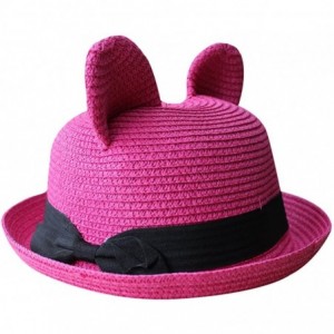 Sun Hats Women's Cute Cat Ear Round Top Bowler Straw Sun UV Summer Beach Roll-up Hat Cap - Rose - CJ12FK8AKOX $18.48
