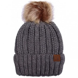 Skullies & Beanies Exclusive Knitted Hat with Fuzzy Lining with Pom Pom - Dark Melangegrey - CA12K7GM0YH $30.93