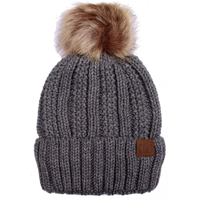 Skullies & Beanies Exclusive Knitted Hat with Fuzzy Lining with Pom Pom - Dark Melangegrey - CA12K7GM0YH $30.93