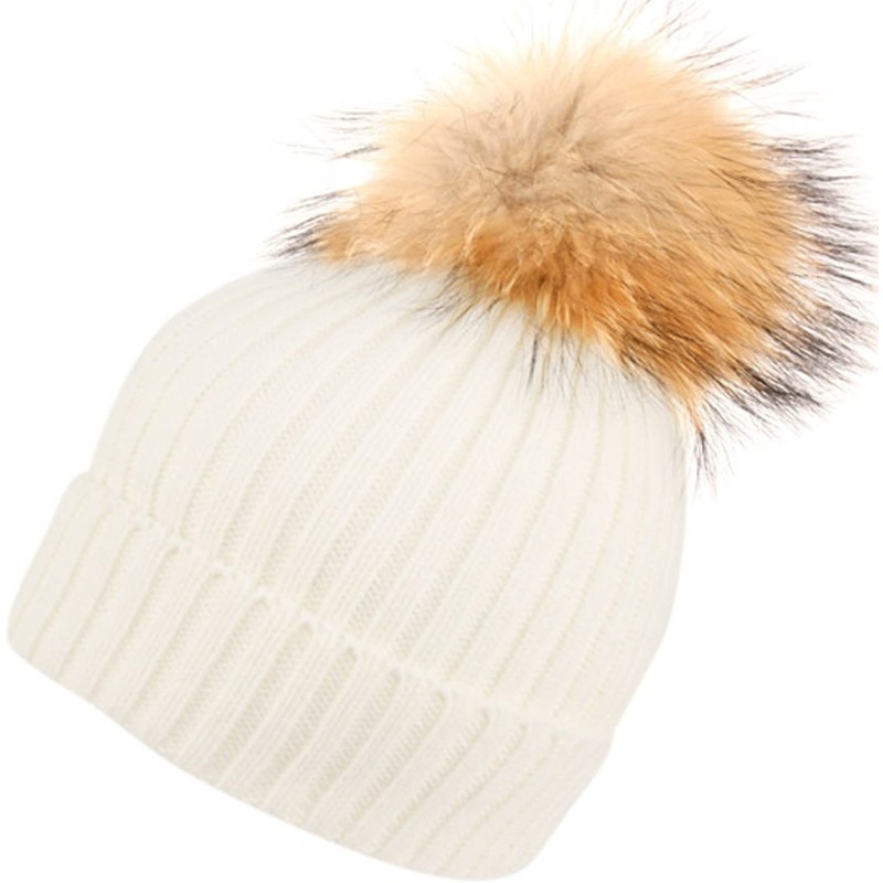 Skullies & Beanies Womens Girls Knitted Fur Hat Real Large Raccoon Fur Pom Pom Beanie Hats - Bn2356white - CH12O7ZBYL9 $20.73