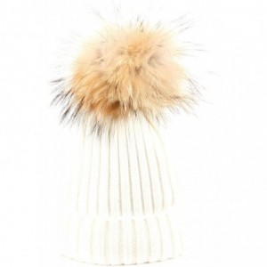 Skullies & Beanies Womens Girls Knitted Fur Hat Real Large Raccoon Fur Pom Pom Beanie Hats - Bn2356white - CH12O7ZBYL9 $20.73