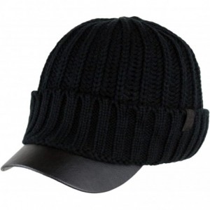 Skullies & Beanies Men's Winter Visor Beanie Knitted Hat with Faux Leather Brim - Black - CL1266HRQ2H $27.26