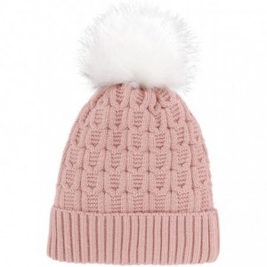 Skullies & Beanies Womens Beanie Winter Cable Knit Faux Fur Pompom Ears Beanie Hat - Single Pom_pink With White Fur Pom - CU1...