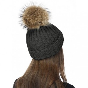 Skullies & Beanies Womens Girls Winter Knitted Beanie Hat Real Large Raccoon Fur Pom Pom Bobble Hats - Dark Grey - CX184MD02X...