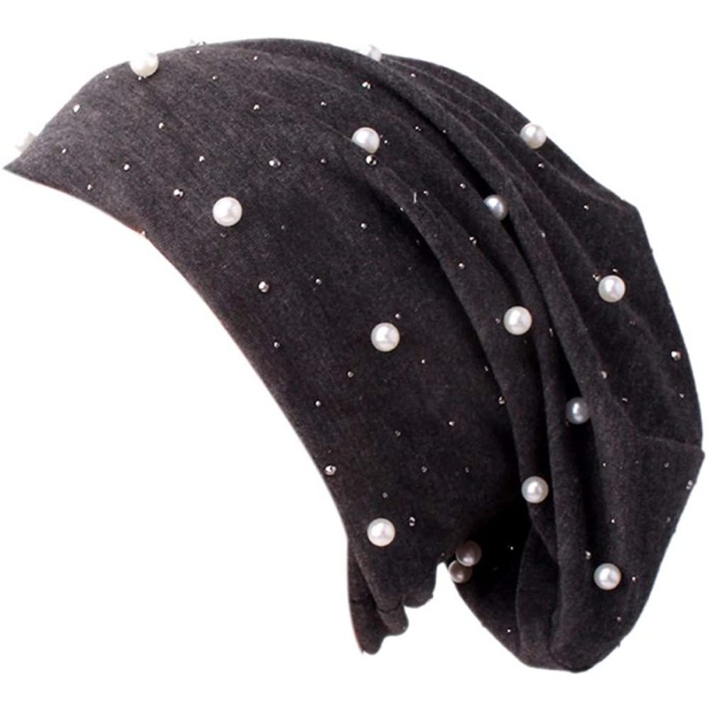 Fedoras Ladies Women Beading Pearl Inlay Ruffle Beanie Scarf Turban Wrap Cap - Gray - C118LXXAG8T $18.26