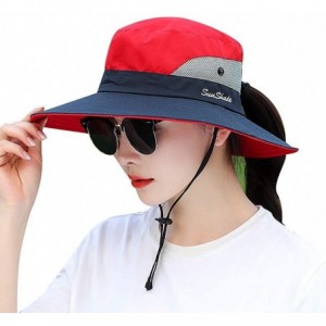 Sun Hats Women's Sun Hat Outdoor Wide Brim Beach UV Protection Hats Ponytail Boonie Foldable Fishing Mesh Bucket Caps - C218U...