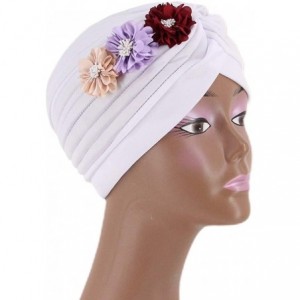 Sun Hats Shiny Metallic Turban Cap Indian Pleated Headwrap Swami Hat Chemo Cap for Women - White Flower - CH18Z62XWM5 $18.92