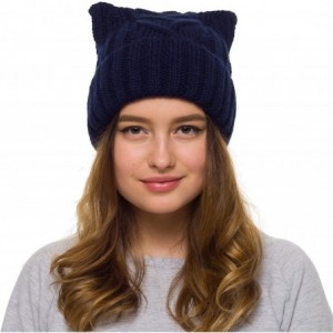 Skullies & Beanies Pussy Cat Hat Women`s March-Cat Beanie Pink-Winter Hat for Women Lined with Fleece - Dark Blue - C018HNT60...