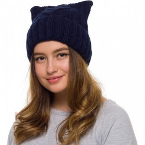 Skullies & Beanies Pussy Cat Hat Women`s March-Cat Beanie Pink-Winter Hat for Women Lined with Fleece - Dark Blue - C018HNT60...