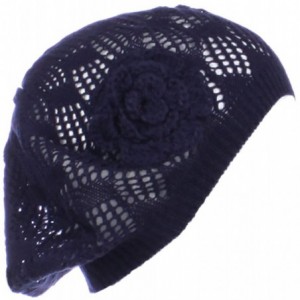 Berets Womens Crochet Flower Beanie Hats Lightweight Cutout Knit Beret Fashion Cap - Navy Blue Mini Squares - CE12LCQ7JGF $20.26