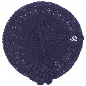 Berets Womens Crochet Flower Beanie Hats Lightweight Cutout Knit Beret Fashion Cap - Navy Blue Mini Squares - CE12LCQ7JGF $20.26