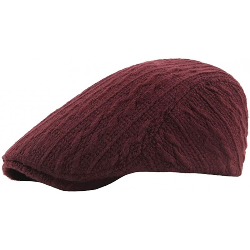 Newsboy Caps Men Women Striped Cabled Flat Cap Knit Warm Winter Hat FFH408BLK - Ffh408 Burgundy Red - CQ18M9INOUT $25.62