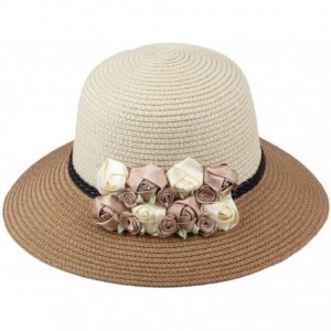 Sun Hats Womens Girl's Straw Cap Beach Sun Hats With Flowers - Khaki - C012MXUSF2V $30.70