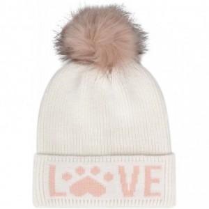 Skullies & Beanies Cat Lover Dog Lover Gift Love Paw Faux Fur Pompom Knit Beanie Skully Toque - White Hat Pink Love - CO18LYD...