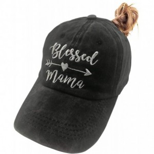 Baseball Caps Blessed Mama Ponytail Hat Vintage Washed Distressed Baseball Dad Cap for Women - Black - CT18XCAZOZ8 $27.44