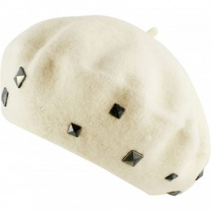 Berets Women's Wool Square Studs Studded Beret Warm Winter Hat - Off White - CY11P9JVXMD $19.94