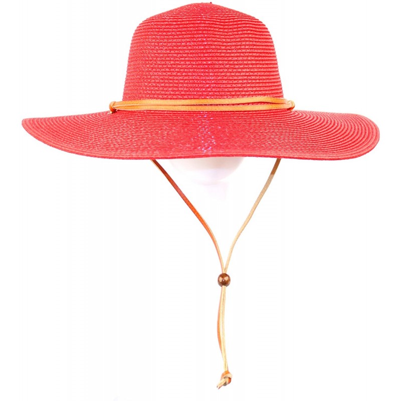 Sun Hats Women's Wide Brim Braided Sun Hat with Wind Lanyard Rated UPF 50+ Sun Protection-FL2403 - Red - CZ183NQ96OM $33.70