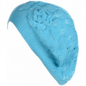 Berets Open Weave Womens Crochet Mesh Beanie Hat Flower Fashion Soft Knit Beret Cap - 2680aqua - CS194WAMGQG $20.34