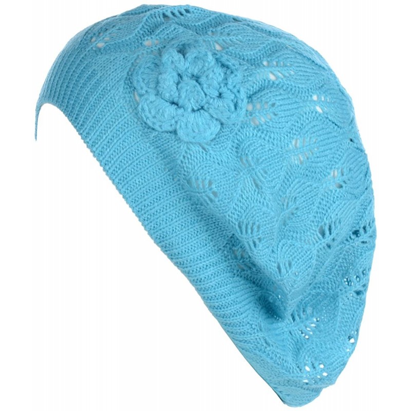 Berets Open Weave Womens Crochet Mesh Beanie Hat Flower Fashion Soft Knit Beret Cap - 2680aqua - CS194WAMGQG $24.14