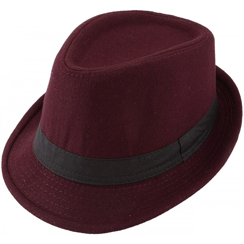 Fedoras Unisex Classic 20s Manhattan Cotton Twill Herringbone Trilby Fedora Hat with Band Casual Jazz Wool Cap - Wine Red - C...