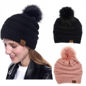 Skullies & Beanies Women Pompom Beanie 2 Pack- Knit Ski Cap Winter Chunky Baggy Hat with Faux Fur Bobble (Ivory + Pink) - C91...