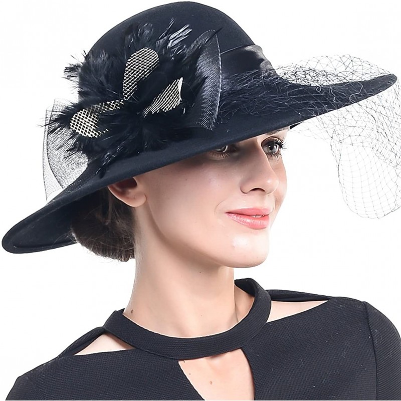 Fedoras Women Wool Felt Plume Church Dress Winter Hat - Veiling-black - CH12NTJJNWQ $48.37