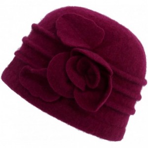 Bucket Hats Women's Winter Warm Wool Cloche Bucket Hat Slouch Wrinkled Beanie Cap with Flower - Wine Red - C0186AN4O0U $28.69