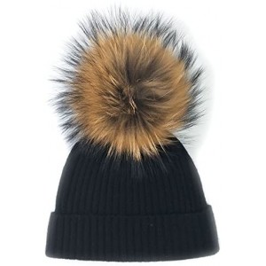 Skullies & Beanies Womens Knitted 100% Cashmere Beanie Hat with Detachable Fur Pom Pom - Black - CG187W0XCOO $102.85