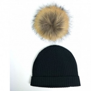 Skullies & Beanies Womens Knitted 100% Cashmere Beanie Hat with Detachable Fur Pom Pom - Black - CG187W0XCOO $102.85