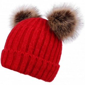 Skullies & Beanies Men & Women's Cable Knit Beanie with Faux Fur Pompom Ears - Red/Coffee - CD18DZWXQ0O $26.97