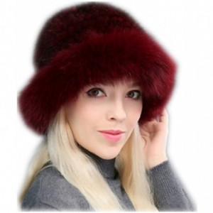 Visors Womens Winter Hat Knitted Mink Real Fur Hats Fox Brim - Wine Red - CS18L3NILWM $100.97