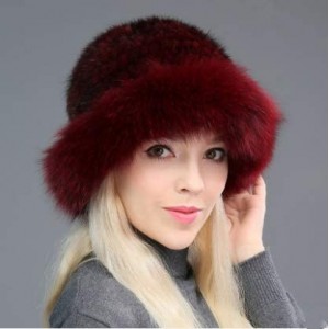 Visors Womens Winter Hat Knitted Mink Real Fur Hats Fox Brim - Wine Red - CS18L3NILWM $83.95