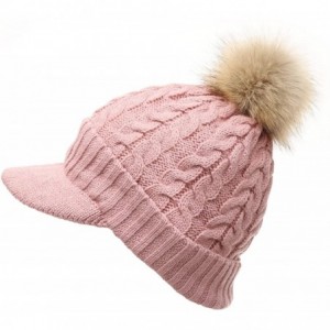 Skullies & Beanies Women's Winter Warm Cable Knitted Visor Brim Pom Pom Beanie Hat with Soft Sherpa Lining. - Pink - C91896N9...