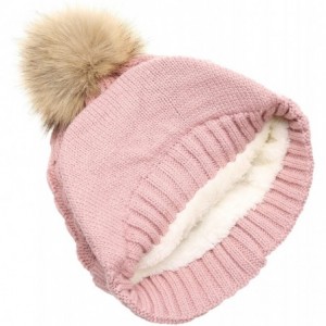 Skullies & Beanies Women's Winter Warm Cable Knitted Visor Brim Pom Pom Beanie Hat with Soft Sherpa Lining. - Pink - C91896N9...