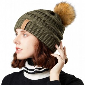 Skullies & Beanies Women's Winter Hat Slouchy Beanie Knit Watch Cap Faux Fur Pom Pom Hat Crochet Hats for Women - Army Green ...
