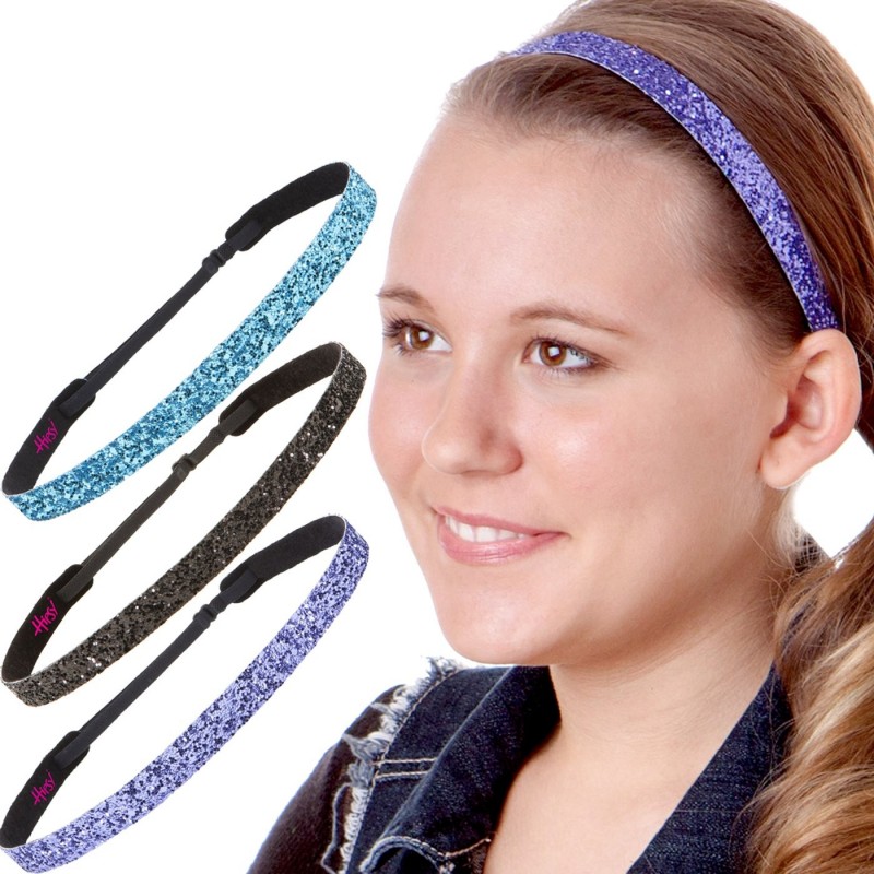 Headbands Women's Adjustable NO SLIP Skinny Bling Glitter Headband Multi 3pk (Teal/Black/Purple) - C811OJ2MI3T $27.79