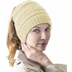 Skullies & Beanies Women's Knitted Messy Bun Hat Ponytail Beanie Baggy Chunky Stretch Slouchy Winter - Champagne - C418YMEIN9...