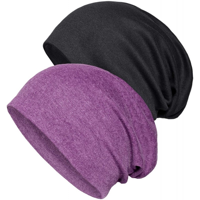 Skullies & Beanies 2 Pack Cotton Slouchy Beanie Hats- Chemo Headwear Caps for Women and Men - Purple/Black - CO187W94QGE $33.58