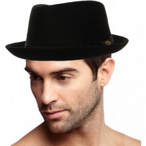 Fedoras Men's Winter 100% Wool Porkpie Derby Fedora Trilby Ribbon Solid Hat - Black - CJ1863S2AAZ $42.13