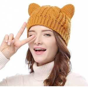 Skullies & Beanies Women's Hat Cat Ear Crochet Braided Knit Caps with Punk 3D Cat Stud Earring - Cat Ear Hat_yellow - CP11HCU...